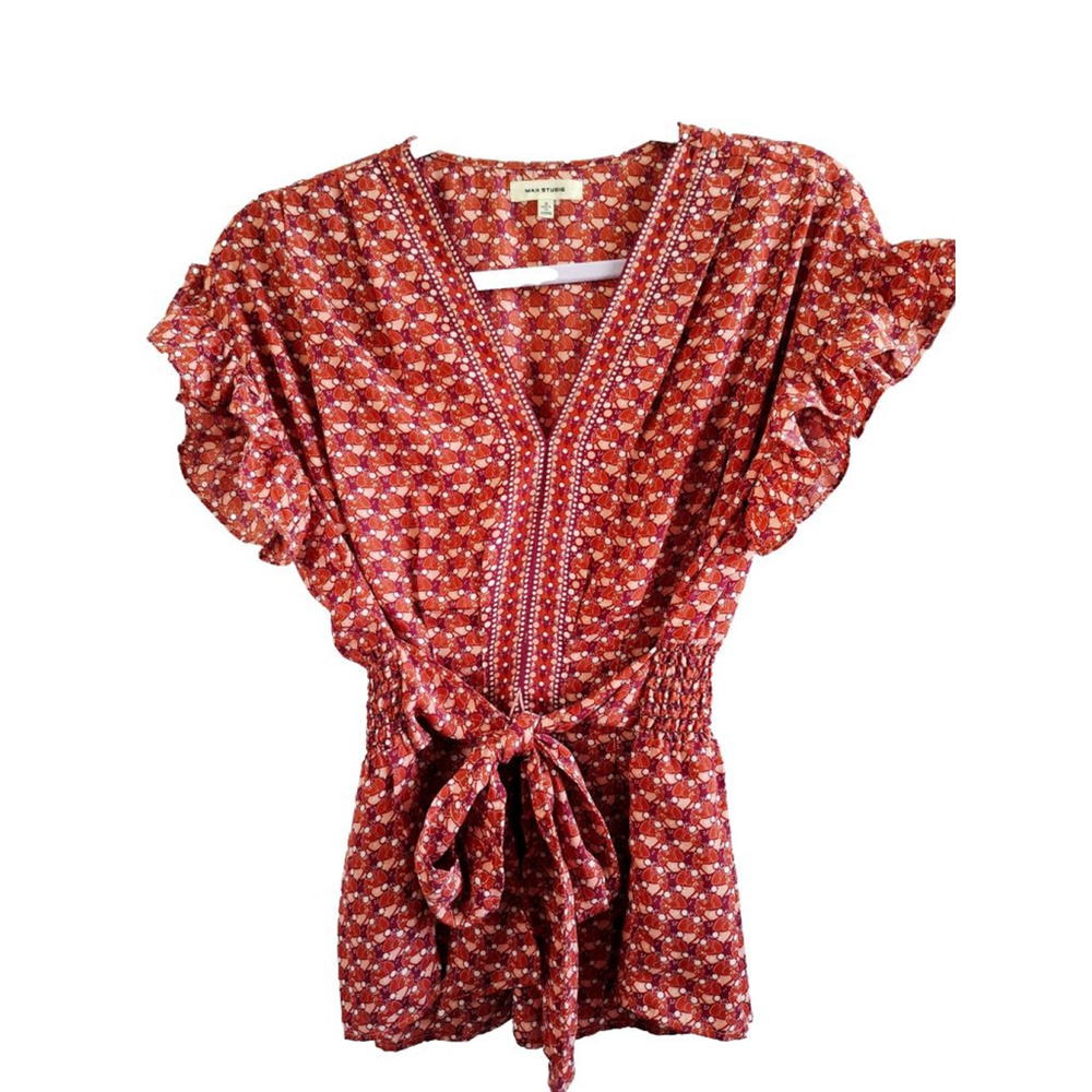 MAX STUDIO Red & White Floral Blouse S cottage core feminine coquette
